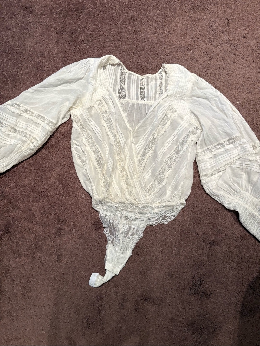 Free People Cream Lace-Trim V-Neck Bodysuit
